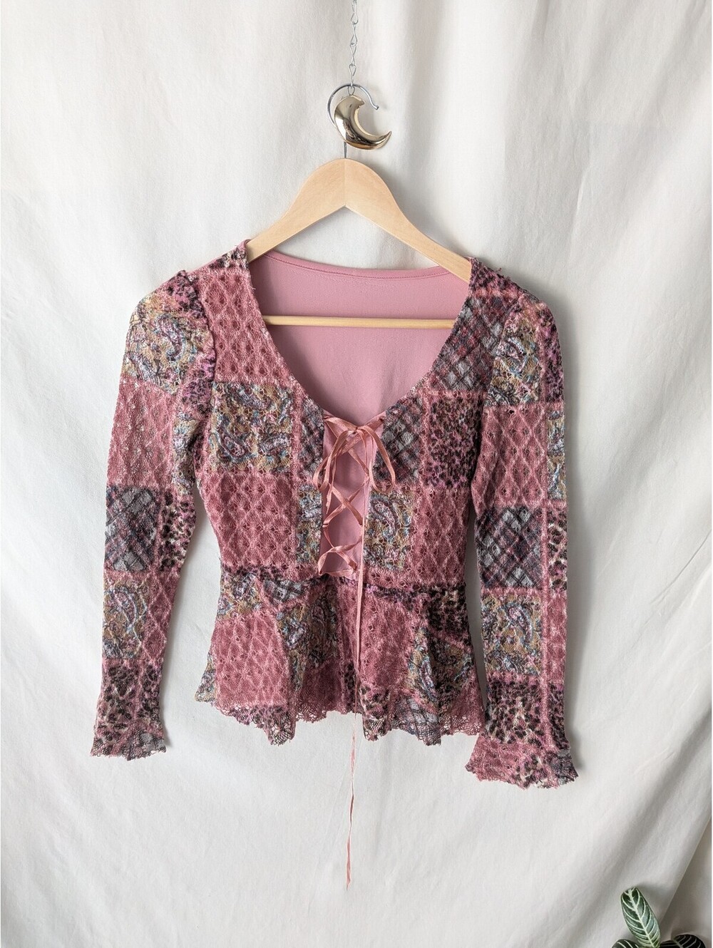 Pink Patchwork Mesh Lace Up Peplum Long Sleeve Top